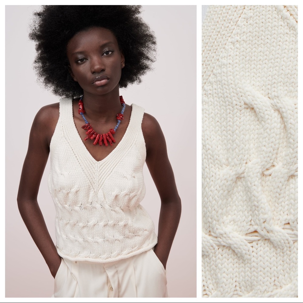 NWT. Zara Ivory Cable Knit Tank/Top with V-neckline. Size S.